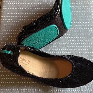 Tieks Black Croc-Embossed Ballet Flats with Teal Accents